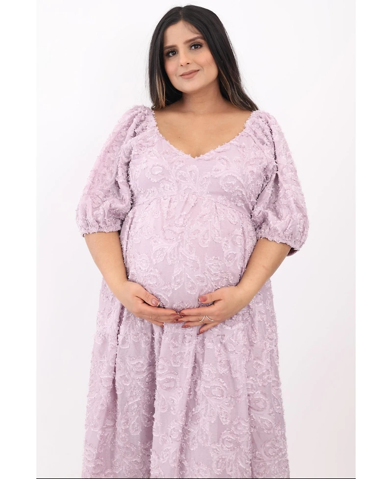 Pinkblush Maternity Lavender Fringe Textured Short Puff Sleeve Midi Dress