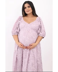Pinkblush Maternity Lavender Fringe Textured Short Puff Sleeve Midi Dress