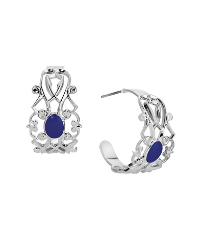 2028 Silver Tone Filigree Enamel Hoop Earring