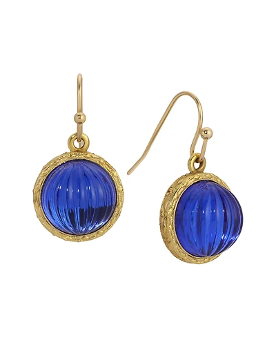 2028 Round Blue Ribbed Stone Wire Earrings