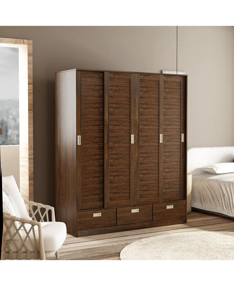 Brown wood grain 4 doors 3 sliding doors wardrobe, bedroom Armoire, Closet