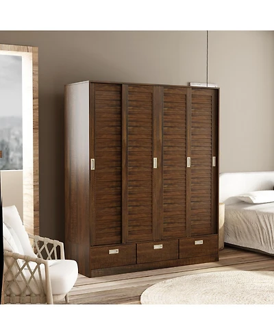Brown wood grain 4 doors 3 sliding doors wardrobe, bedroom Armoire, Closet