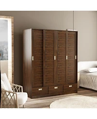 Brown wood grain 4 doors 3 sliding doors wardrobe, bedroom Armoire, Closet