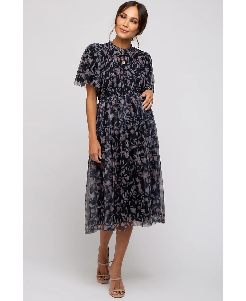 Pinkblush Maternity Black Floral Smocked Mesh Knit Midi Dress