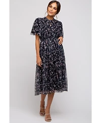 Pinkblush Maternity Black Floral Smocked Mesh Knit Midi Dress