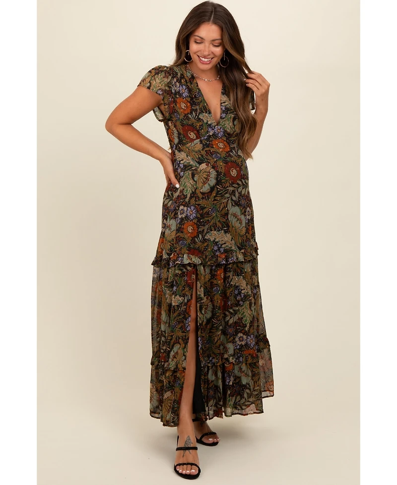 Pinkblush Maternity Black Floral Deep V-Neck Tiered Maxi Dress