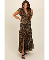 Pinkblush Maternity Black Floral Deep V-Neck Tiered Maxi Dress