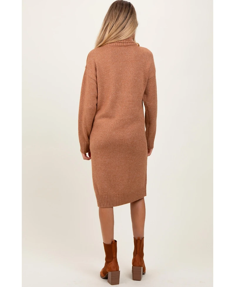 Pinkblush Maternity Camel Turtleneck Side Slit Midi Sweater Dress