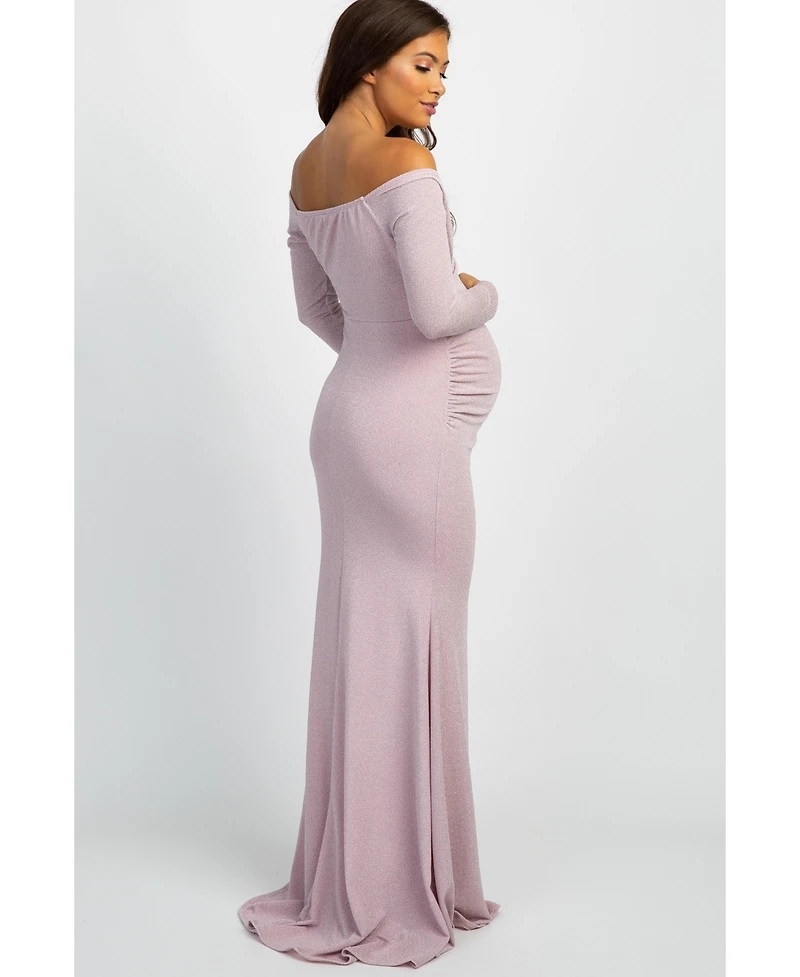 Pinkblush Maternity Pink Metallic Off Shoulder Long Sleeve Wrap Photoshoot Gown/Dress