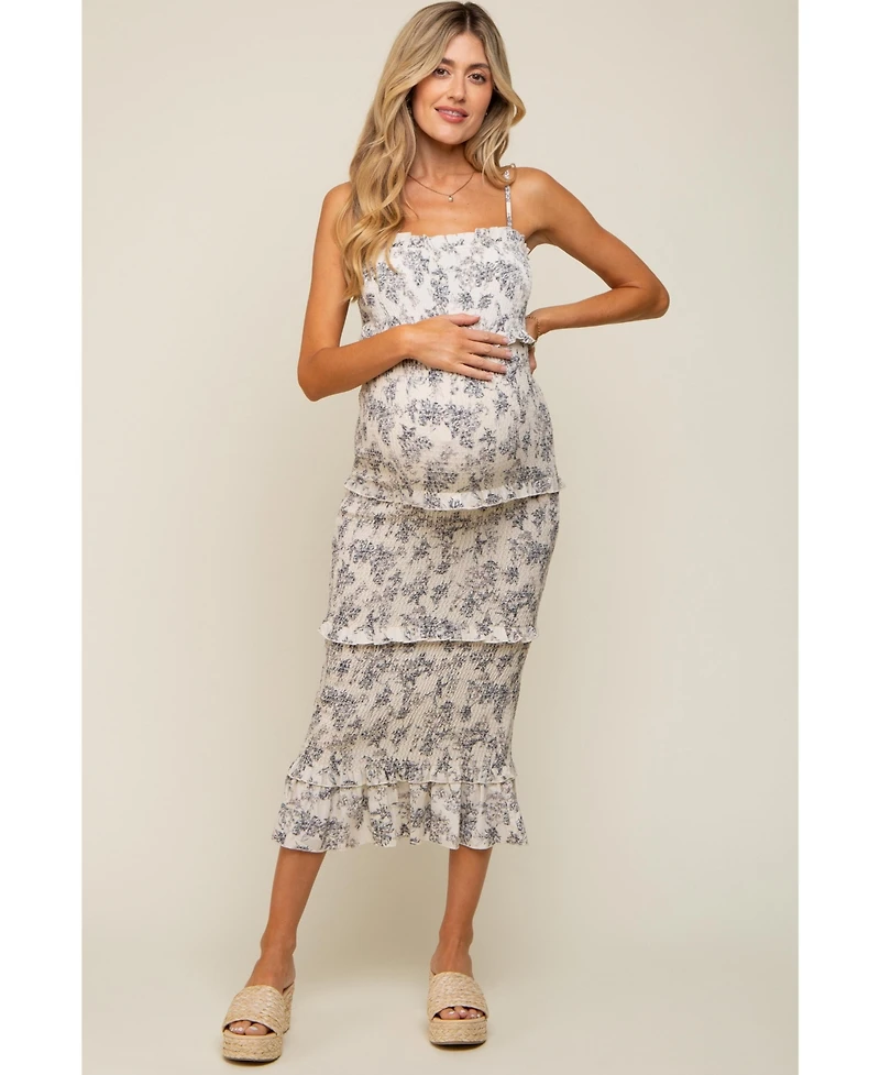 Pinkblush Maternity Cream Floral Smocked Fitted Midi Dress