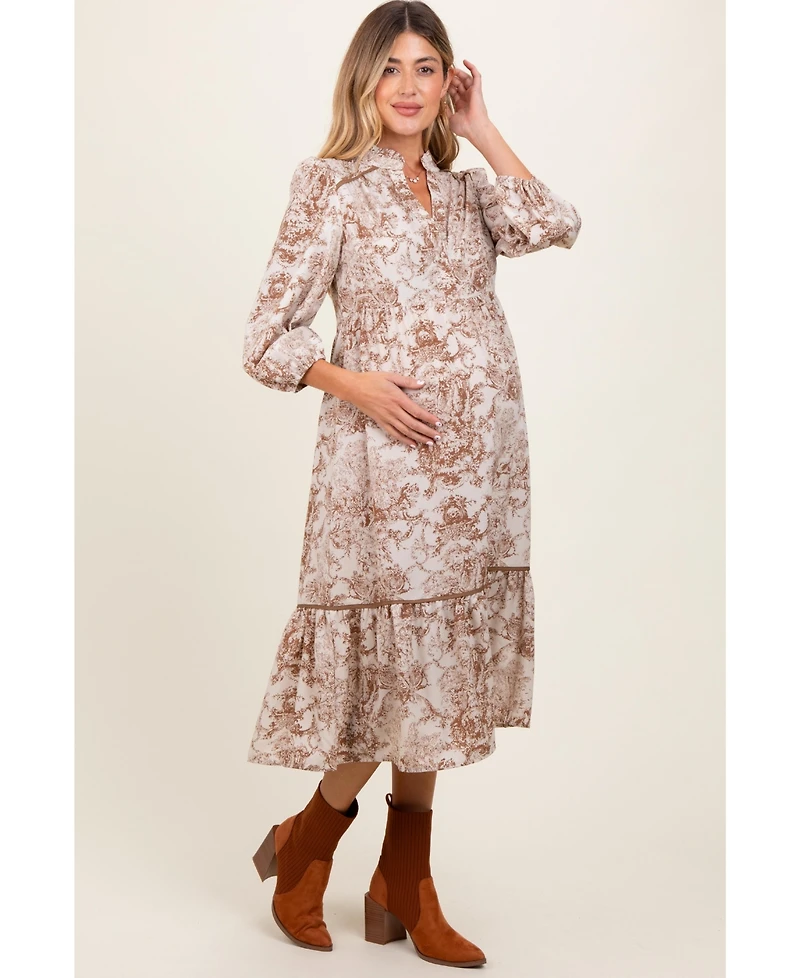 Pinkblush Maternity Brown Printed Split Ruffle Collar Midi Dress
