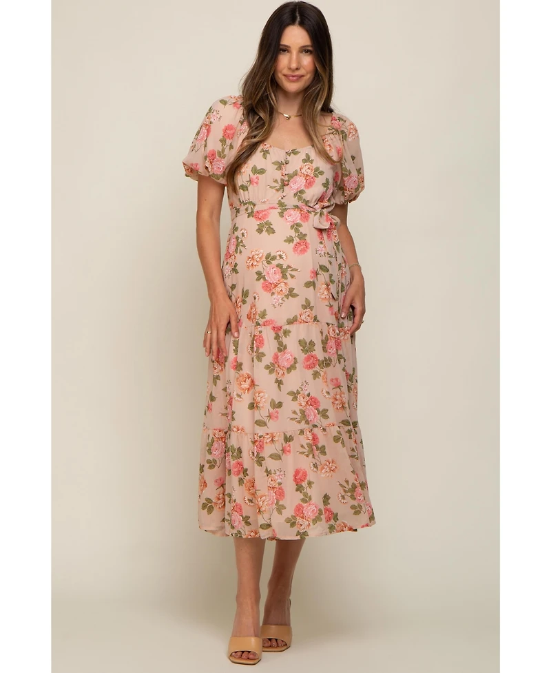 Pinkblush Maternity Pink Floral Button Puff Sleeve Midi Dress