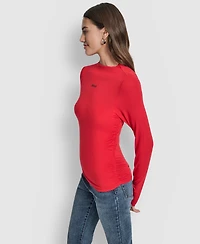 Dkny Jeans Women's Side Ruched High Neck Long Sleeve Top With Rhinestud Logo