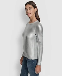Dkny Jeans Women's Foil Rib Crewneck Long Sleeves Top