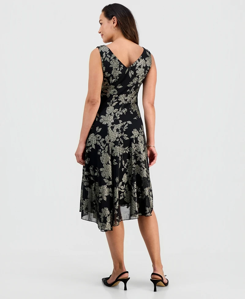 Connected Petite Metallic Floral Print Asymmetric Midi Dress