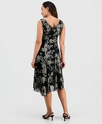 Connected Petite Metallic Floral Print Asymmetric Midi Dress