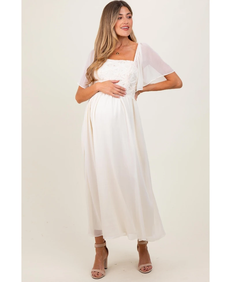 Pinkblush MaternityCream Floral Applique Flutter Sleeved Maternity Midi Dress
