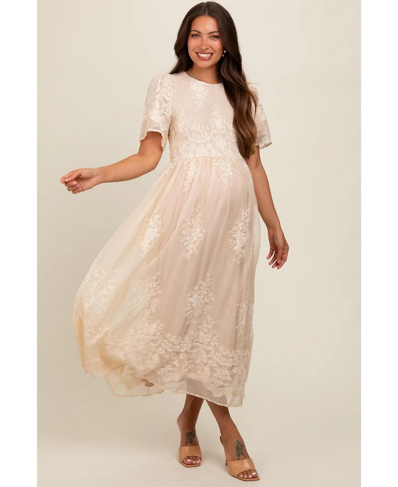 Pinkblush Cream Embroidered Smocked Maternity Midi Dress
