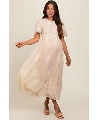 Pinkblush Cream Embroidered Smocked Maternity Midi Dress