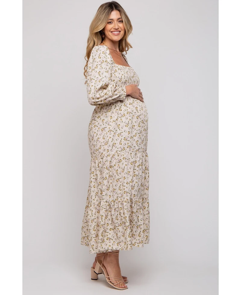 Pinkblush Maternity Cream Floral Smocked Long Sleeve Maxi Dress