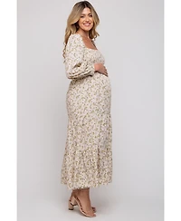 Pinkblush Maternity Cream Floral Smocked Long Sleeve Maxi Dress