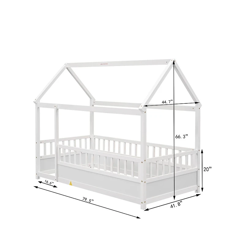 Cesicia Kids Wooden House Floor Bed with Roof & Fence Guardrails Twin Low Profile Play for Boys and Girls