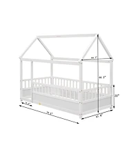 Cesicia Kids Wooden House Floor Bed with Roof & Fence Guardrails Twin Low Profile Play for Boys and Girls