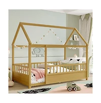 Cesicia Kids Wooden House Floor Bed with Roof & Fence Guardrails Twin Low Profile Play for Boys and Girls
