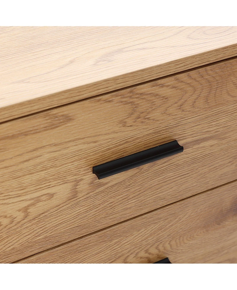 LuxenHome Oak Finish Mdf Wood 3-Drawer Sideboard Cabinet with Sliding Doors & Rounded Corners
