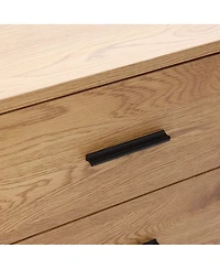 LuxenHome Oak Finish Mdf Wood 3-Drawer Sideboard Cabinet with Sliding Doors & Rounded Corners