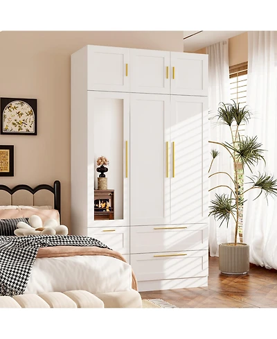 Luxurious white linen 6-door 4-drawer wardrobe with mirror, bedroom Armoire, Closet