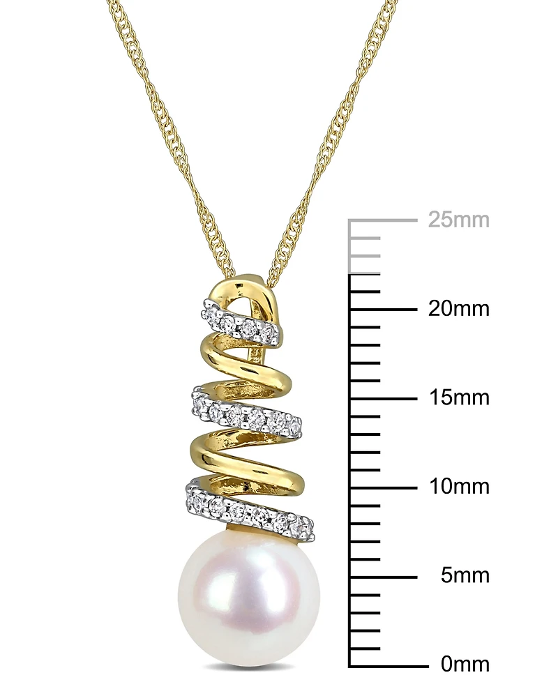 Macy's Cultured Freshwater Pearl (8mm) & Diamond (1/10 ct. t.w.) Spiral 17" Pendant Necklace in 10k Gold