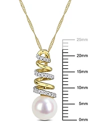 Macy's Cultured Freshwater Pearl (8mm) & Diamond (1/10 ct. t.w.) Spiral 17" Pendant Necklace in 10k Gold