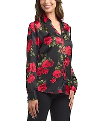Bcx Women's Floral Print Long Sleeves Collared Shirt