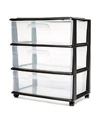 Homz Tall Solid Plastic 3 Drawer Medium Storage Cart with Caster Wheels, Black