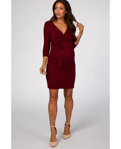 Pinkblush Maternity Burgundy Brushed Knit Wrap Fitted Maternity/Nursing Dress