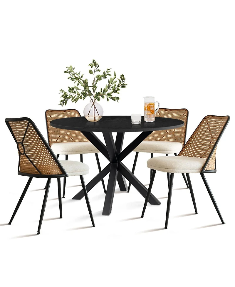 5-Piece 39.4" Round Black Dining Table Set with Starburst Base and 4 Faux Rattan Back Chairs in Mid-Century Modern Style-Maison Boucle