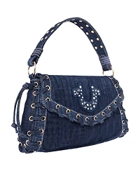 True Religion Studded Horseshoe Eyelet Denim Flap Bag