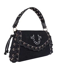 True Religion Studded Horseshoe Eyelet Denim Flap Bag