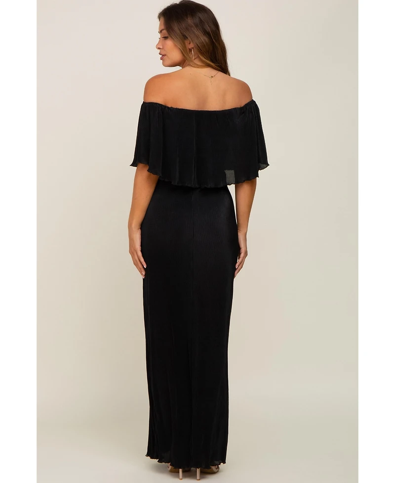 Pinkblush Maternity Burgundy Pleated Ruffle Off Shoulder Maxi Dress