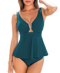 Cupshe Women's V Wire Ruched Tummy Flowy Hem Tankini Sets