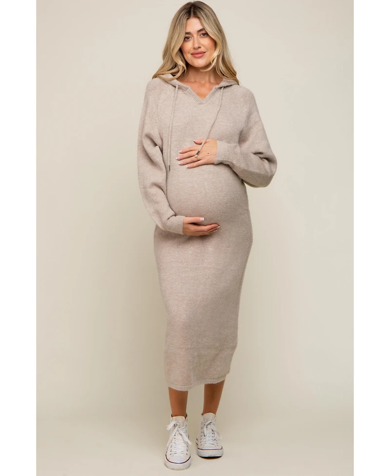 Pinkblush Maternity Beige Hooded Sweater Midi Dress