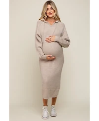Pinkblush Maternity Beige Hooded Sweater Midi Dress