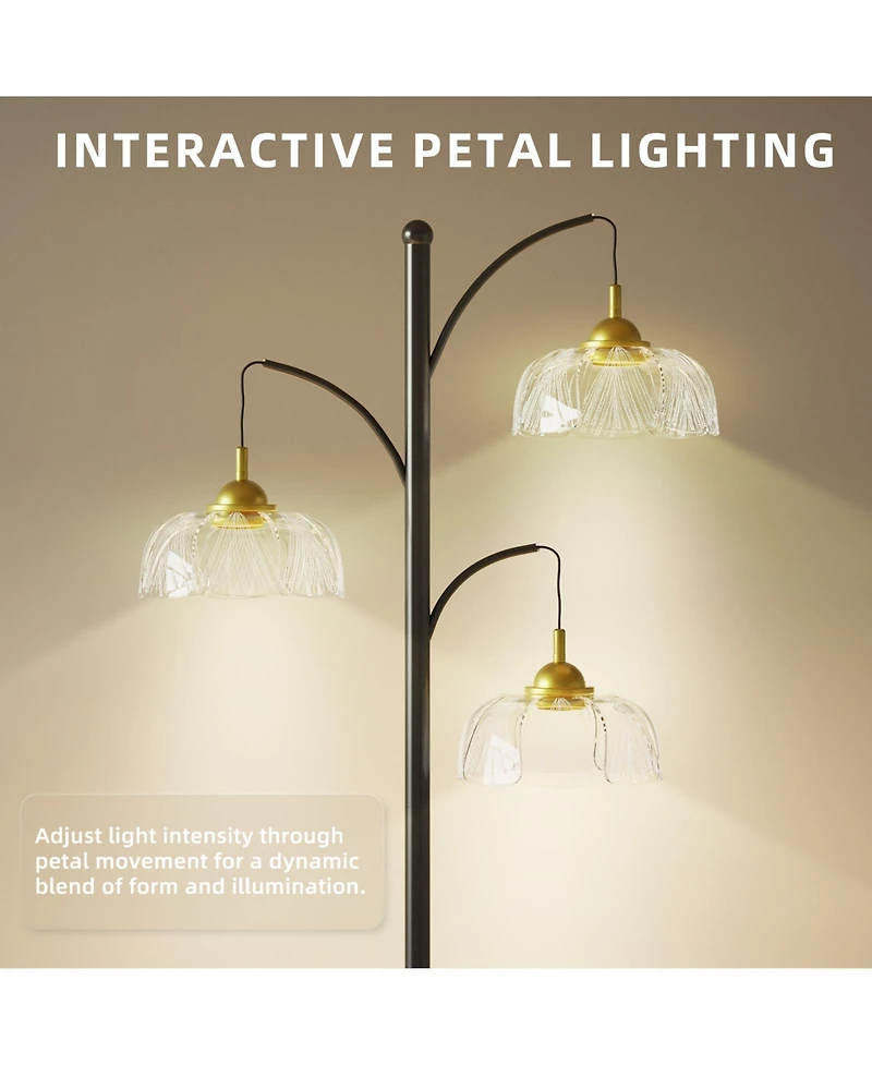 Modern Standing Floor Lamp with Led Bulbs, 3 Adjustable Heads and Petal Glass Shades