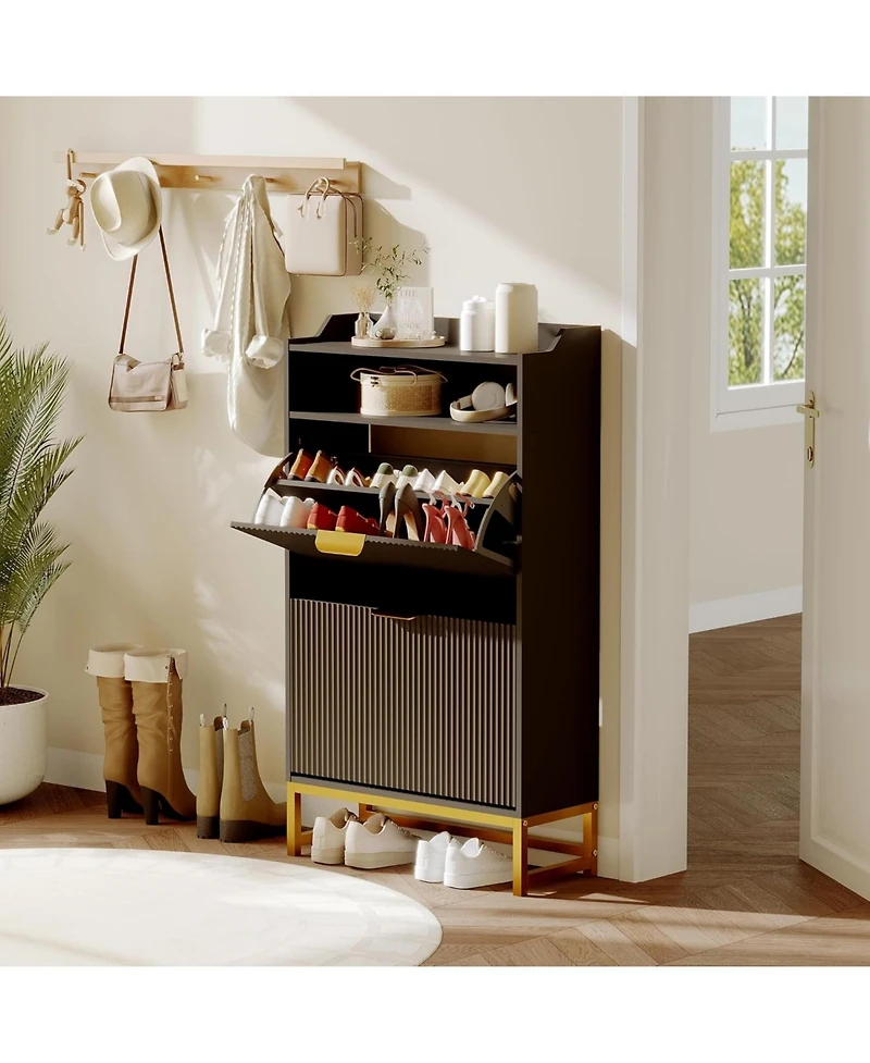 Narrow Shoe Cabinet Storage for Entryway, Modern Fluted Shoe Rack Organizer with 2 Flip Drawers and an Open Shelf for Hallway, Living Room, Black