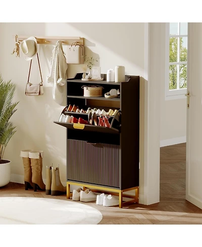 Narrow Shoe Cabinet Storage for Entryway, Modern Fluted Shoe Rack Organizer with 2 Flip Drawers and an Open Shelf for Hallway, Living Room, Black