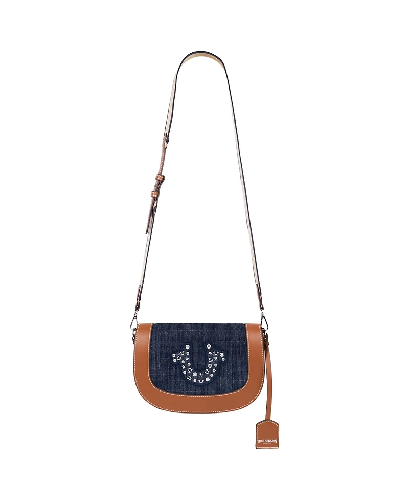 True Religion Studded Logo Denim Flap Bag