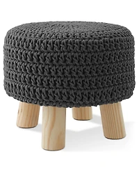 Hand-Knitted Cotton Pouf Ottoman Footstool, 13" Round x 11" High, Boho Accent Footrest with Non-Skid Legs, Foot Stool and Extra Seating