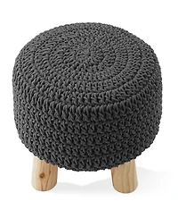 Hand-Knitted Cotton Pouf Ottoman Footstool, 13" Round x 11" High, Boho Accent Footrest with Non-Skid Legs, Foot Stool and Extra Seating