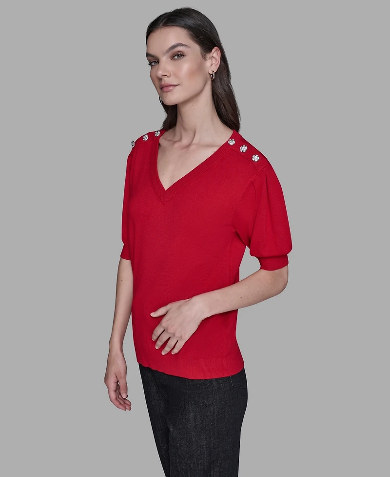 Karl Lagerfeld Paris Women's V-Neck Button Detail Sweater
